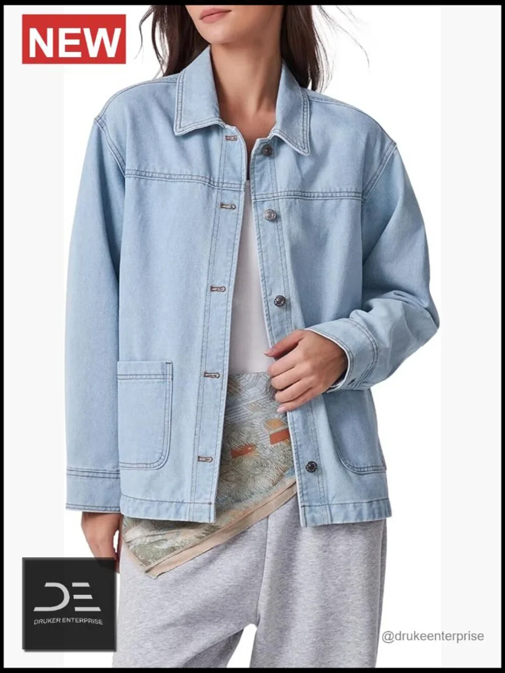Oversized Denim Jacket Shacket Button Down Long Sleeve Cotton Blend